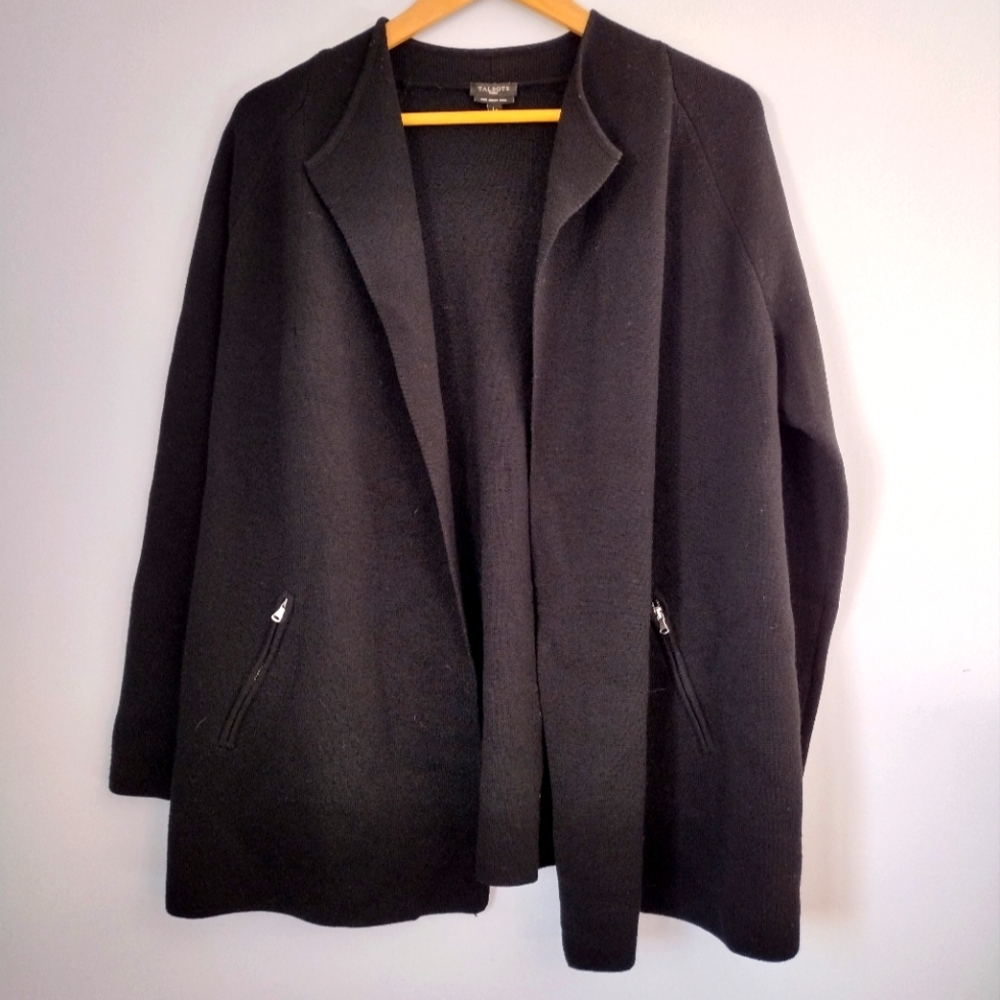 100%‎ merino wool Talbots open cardigan black sweater